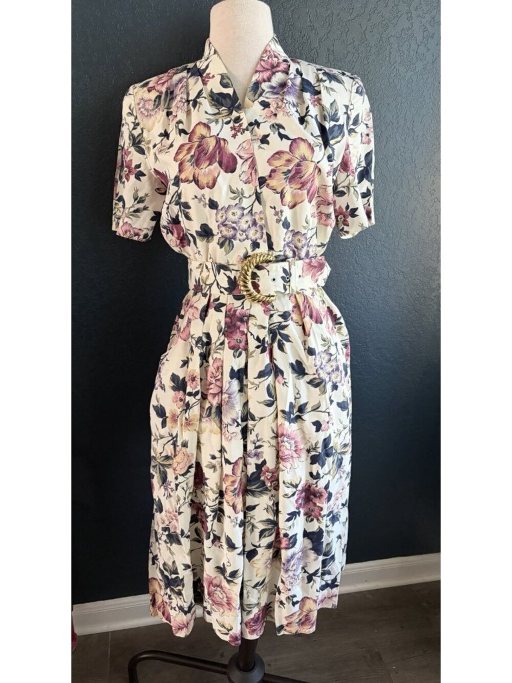 Vintage 80s R.J. STEVENS PETITES CAROL ESCRITOR White Floral Dress W/ Belt Sz 4